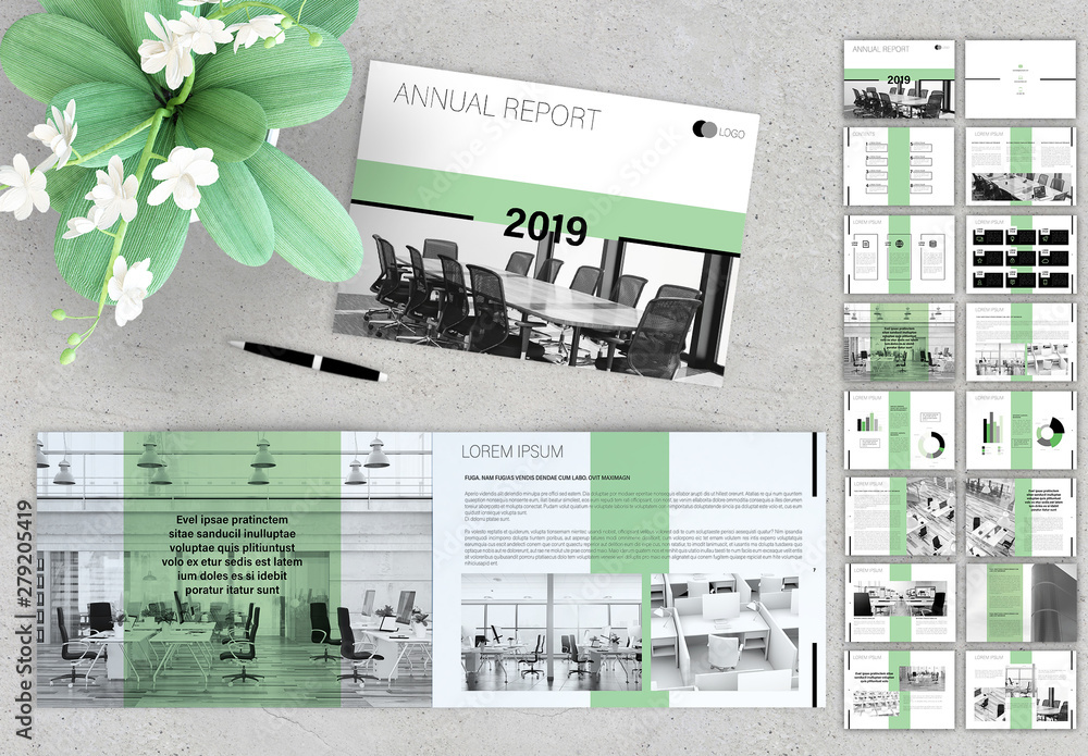 Annual Report Brochure Layout with Green Accents Stock Template | Adobe ...