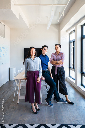 Portrait of three young professionals standing in conference room