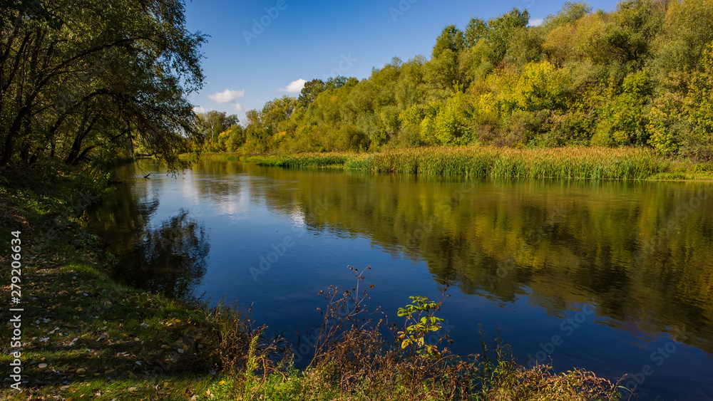 Autumn deciduous forest, water river and the river bank on a sunny day. Amazing landscape.