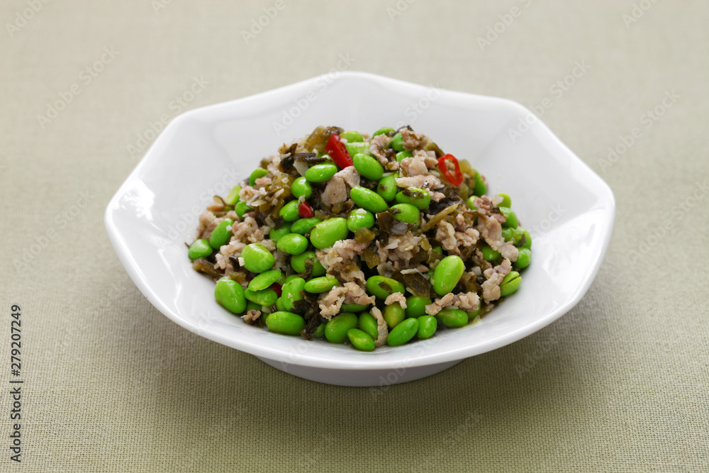 xue cai mao dou, stir fried edamame and snow vegetables, chinese cuisine xue cai mao dou, stir fried edamame and snow vegetables, chinese cuisine
