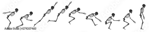 Human skeleton is jumping. Nine phases of a jump of a black human skeleton isolated on a white background. Vector illustration in flat style.