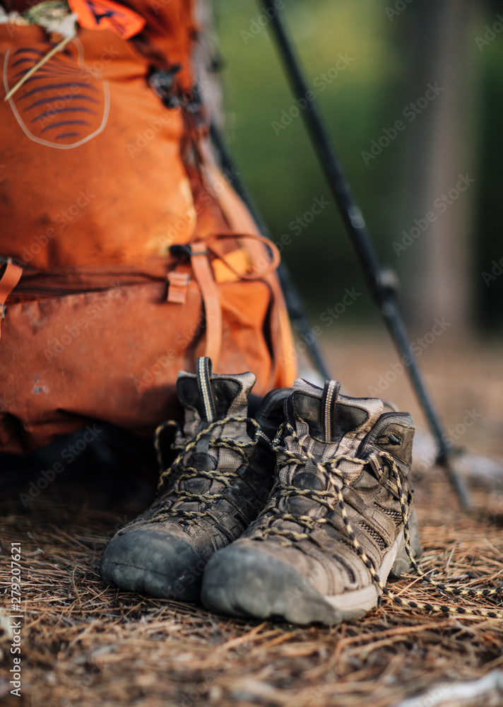 orange hiking backpack in maine Stock 