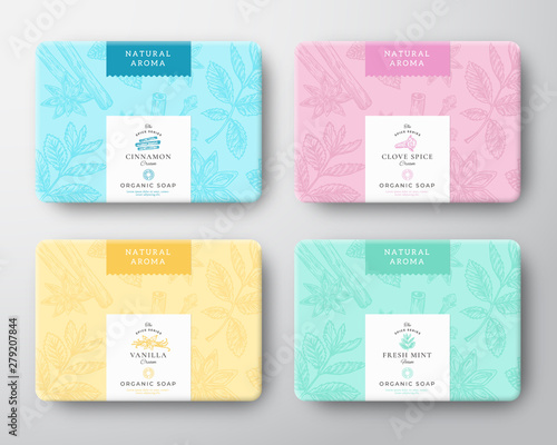 Cinnamon, Clove, Mint and Vanilla Soap Cardboard Boxes Set. Abstract Vector Wrapped Paper Container with Label Cover. Packaging Design. Hand Drawn Spices Background Pattern Layout.