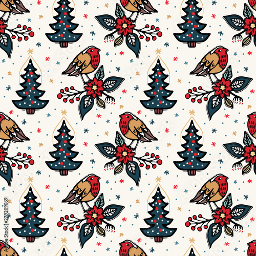 Seamless pattern. Hand drawn Christmas robin bird background. Frosty snowflake fir tree all over print. Winter holidays paper. Festive winter illustration. Traditional yule home decor. Vector swatch