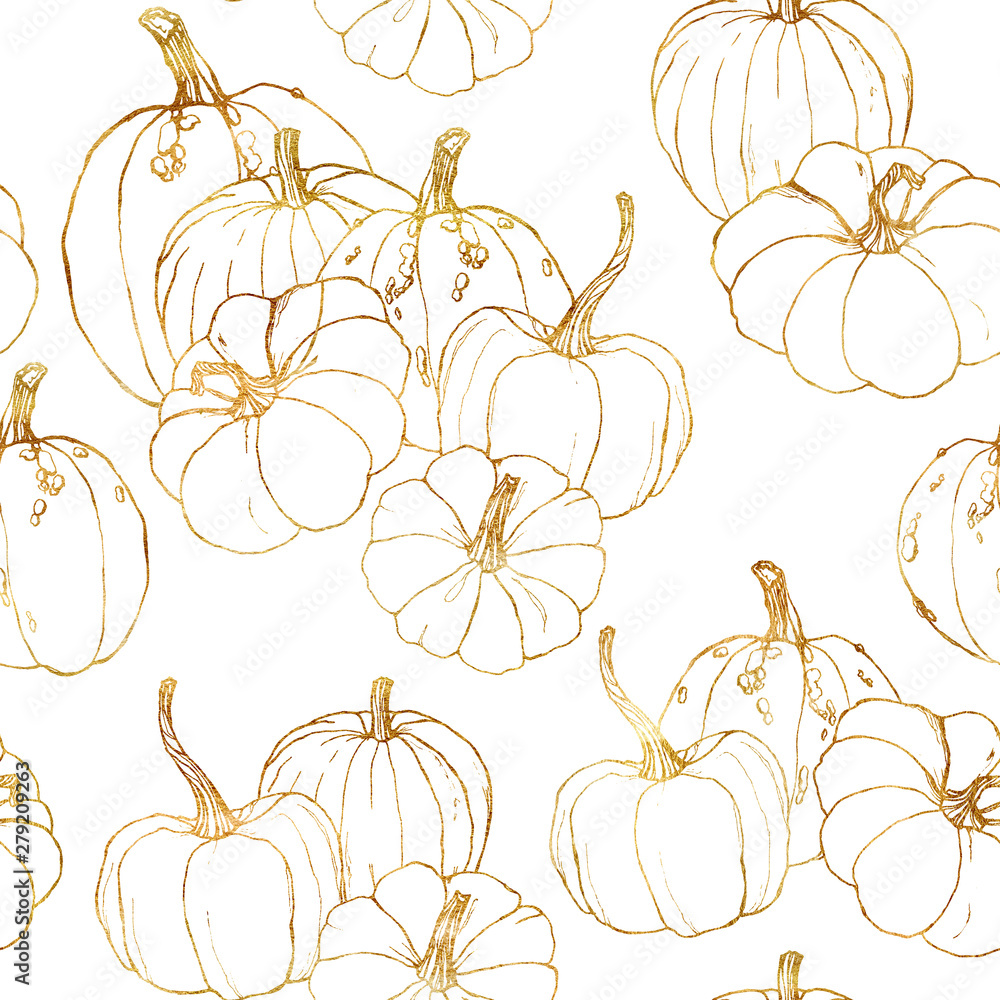 Line art golden seamless pattern for autumn festival. Hand painted traditional pumpkins with branches isolated on black background. Botanical illustration for design, print or background.