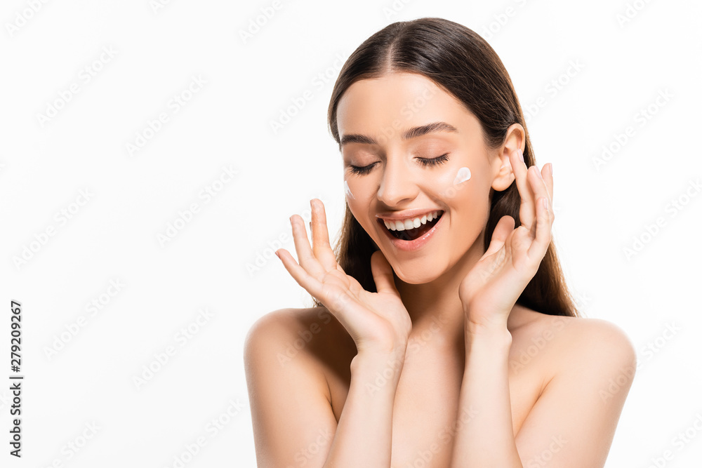 happy beautiful young naked woman with perfect skin and cosmetic cream on face isolated on white happy beautiful young naked woman with perfect skin and cosmetic cream on face isolated on white