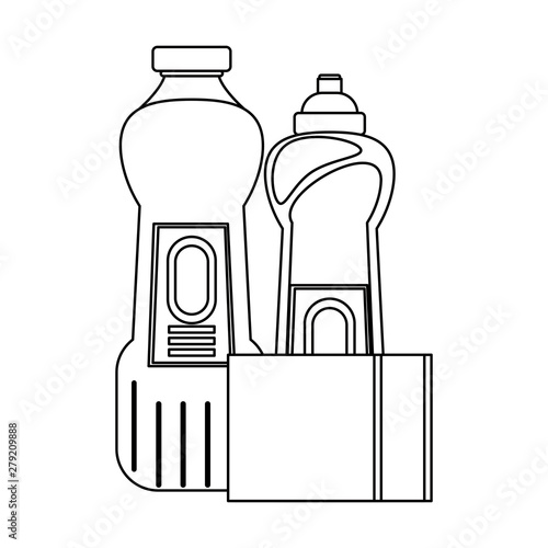 Set of cleaning equipment and products in black and white