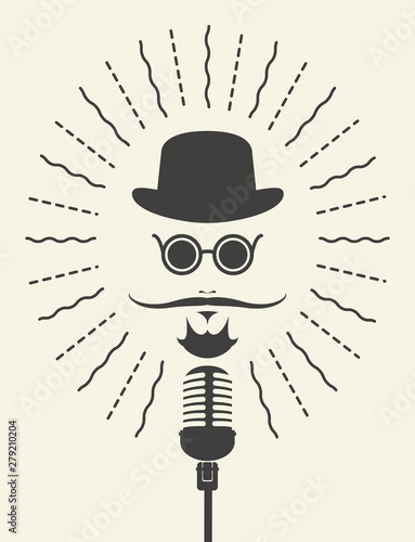 Flat vector banner with classic dynamic microphone. Man face with mustache and beard wearing a hat and glasses with a mic in hipster style. Suitable for banner, ad, poster, invitation to karaoke party