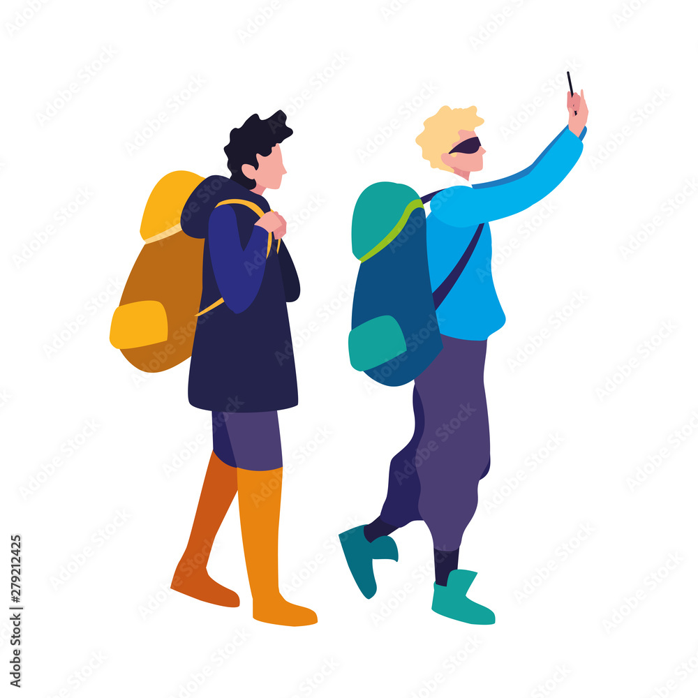 young men with backpack hiking using mobile young men with backpack hiking using mobile