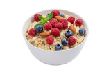 Oatmeal with raspberries, almonds and blueberries and mint isolated on white