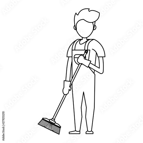 Cleaner worker with cleaning products and equipment in black and white