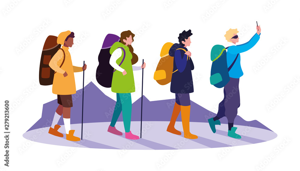 young group people with backpack hiking