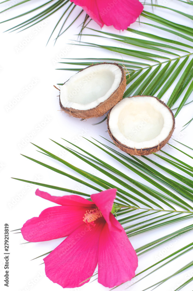 Large pink tropical flower with coconuts with palm branches. Large pink tropical flower with coconuts with palm branches.