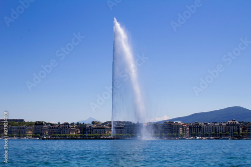 Panoramic view to the lake,fountain and city on the summer day.Geneva.Switzerland.