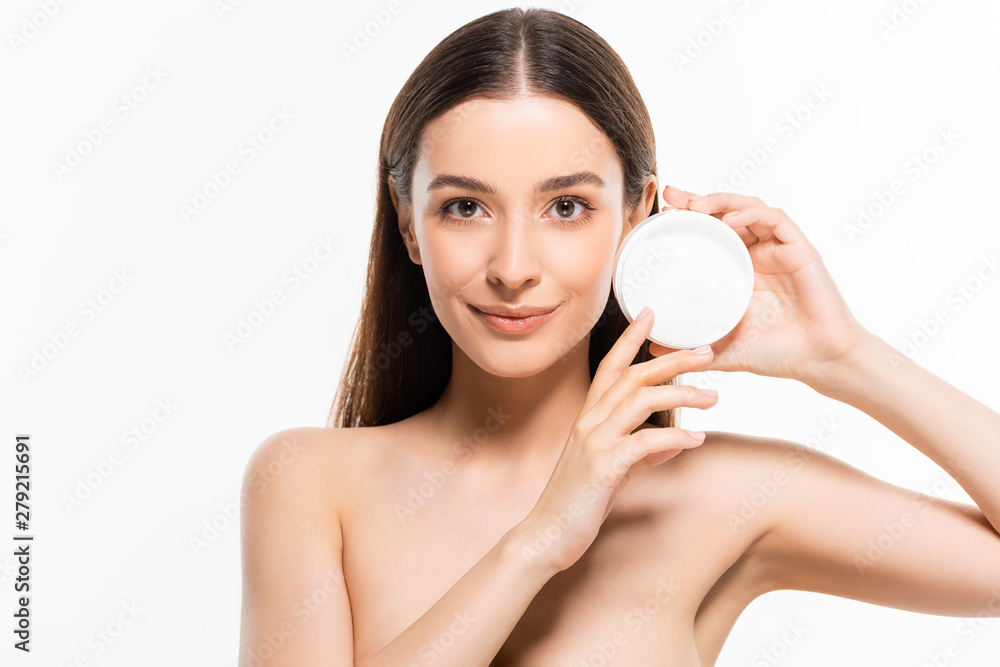 beautiful young naked woman with perfect skin showing cosmetic cream isolated on white beautiful young naked woman with perfect skin showing cosmetic cream isolated on white