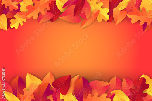 Autumn background with orange and red leaves. Free space for text. Vector illustration.