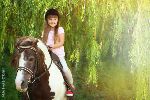 Cute little girl riding pony in park on sunny day