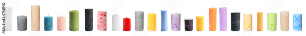 Five color wax candles on white background Five color wax candles on white background
