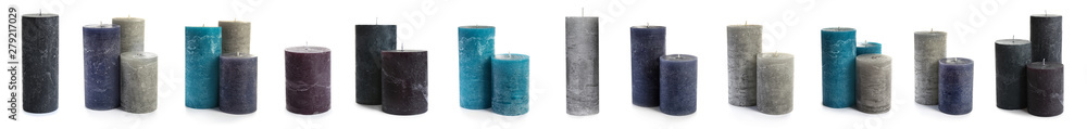 Five color wax candles on white background Five color wax candles on white background