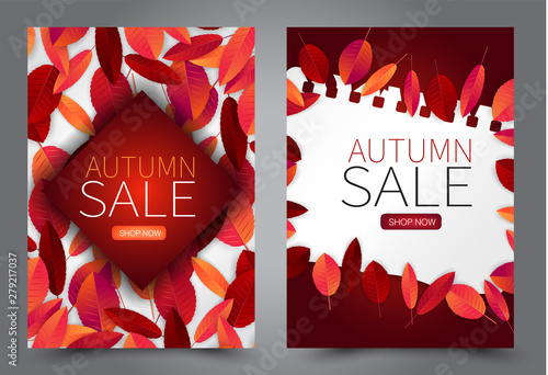 Fall flyer set. Vectical banner with red and orange leaves. Autumn sale end of season promo template. Vector illustration.