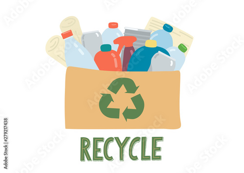 Recycle. Hand drawn cardboard box full of different kind waste with lettering. 