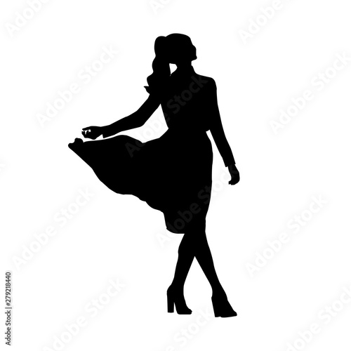 Black fashion vector silhouette of beautiful stylish girl in flying dress.