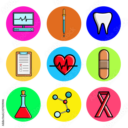 Set of medical round icons, medical equipment items monitor, computer, cardiogram, tooth, pipette, patch, flask, tablet, molecule, tape. Concept: healthcare, hospitals, drugs, medicine
