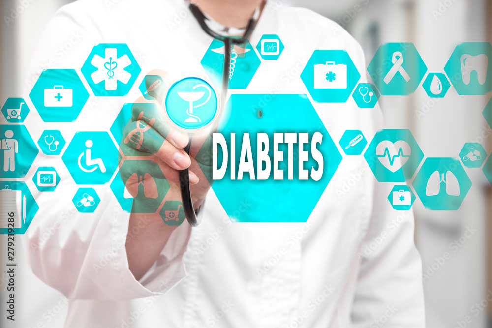 Medical Doctor with stethoscope and Diabetes icon in Medical network connection on the virtual screen on hospital background.Technology and medicine concept. Medical Doctor with stethoscope and Diabetes icon in Medical network connection on the virtual screen on hospital background.Technology and medicine concept.