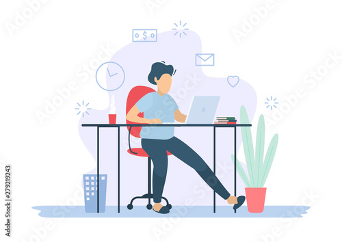 The man is working on a computer. Work place  freelance. Vector illustration