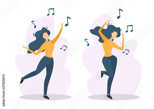 Beautiful young girl dancing. Girl listens to music in headphones. Vector illustration
