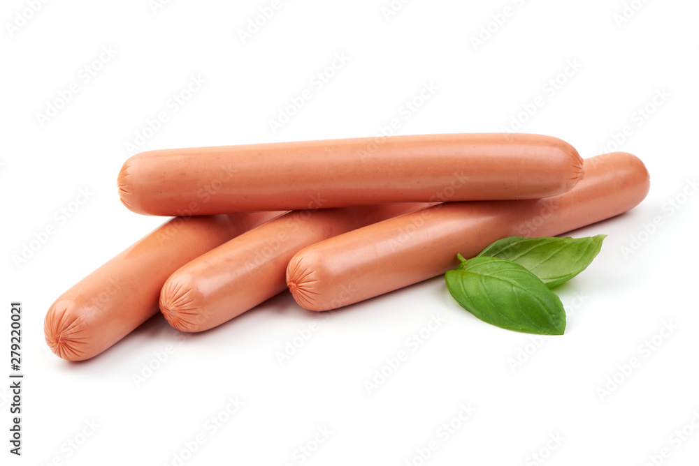 Boiled pork sausages, close-up, isolated on white background Boiled pork sausages, close-up, isolated on white background