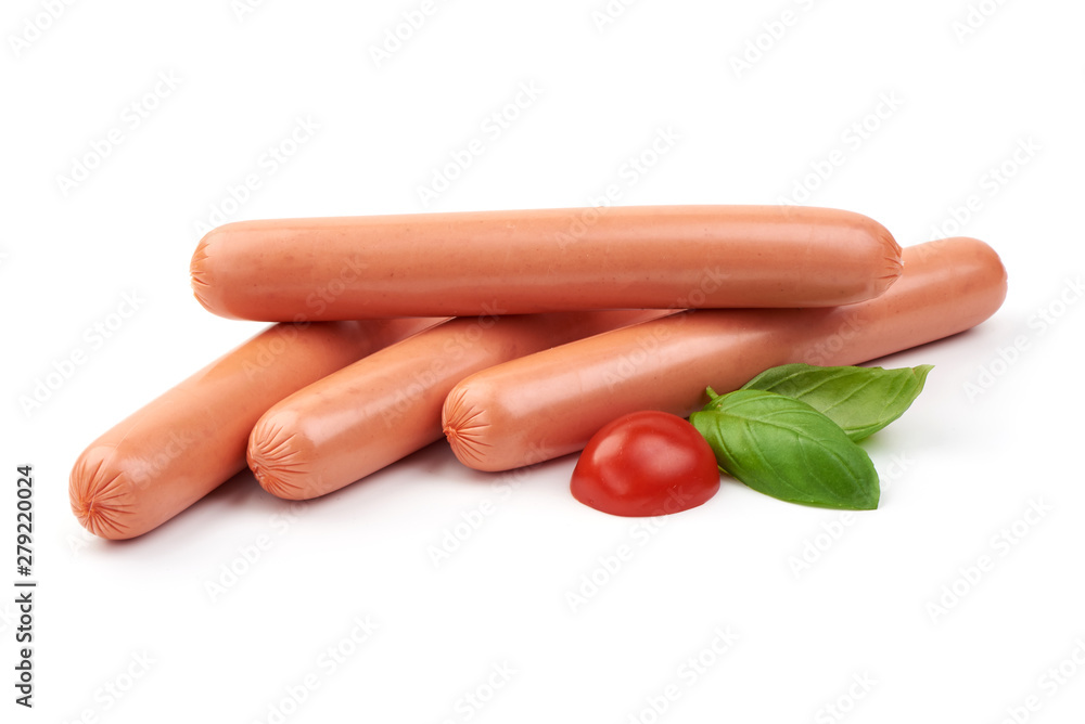 Fresh boiled sausages, close-up, isolated on white background Fresh boiled sausages, close-up, isolated on white background