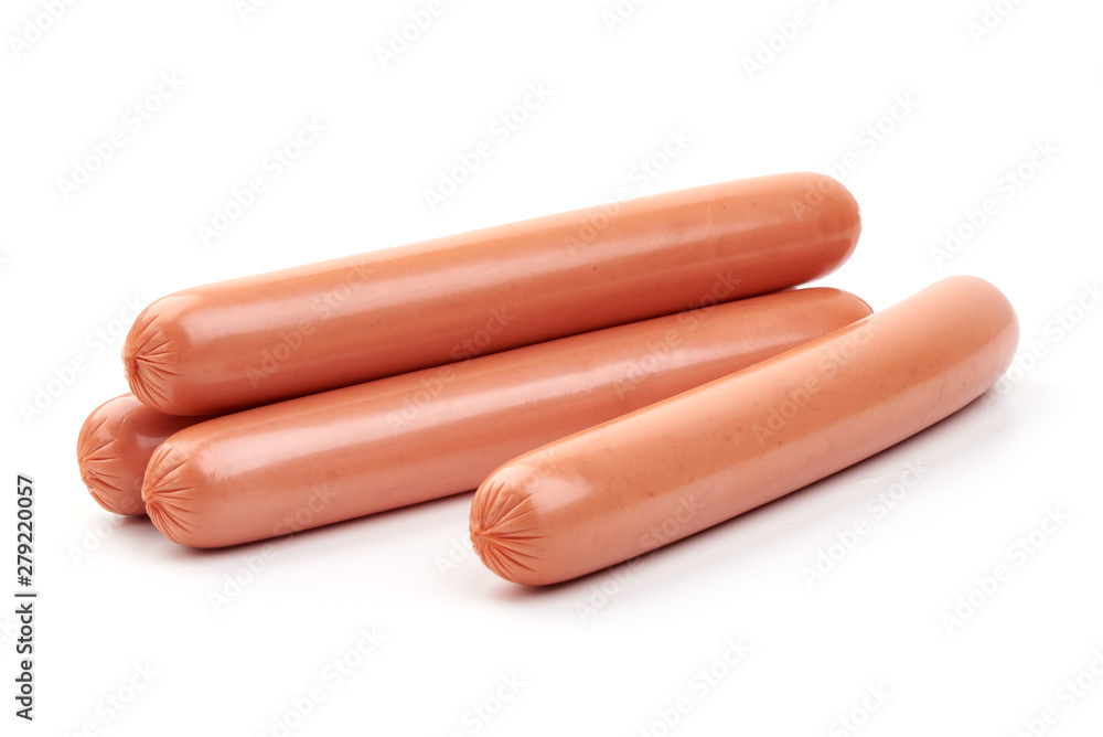 Fresh boiled sausages, close-up, isolated on white background Fresh boiled sausages, close-up, isolated on white background