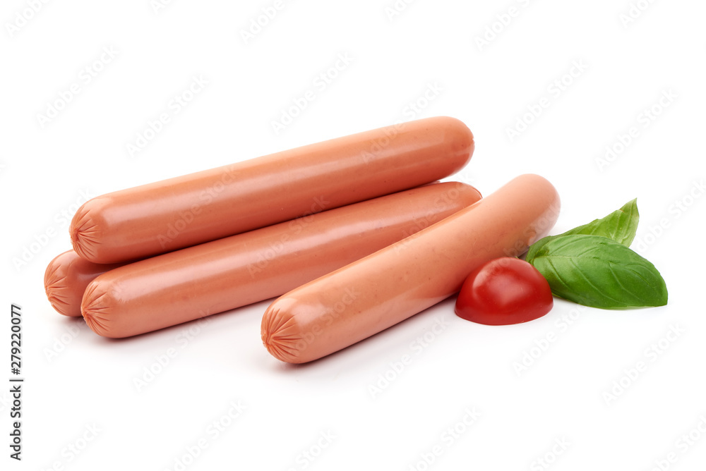 Boiled pork sausages, close-up, isolated on white background Boiled pork sausages, close-up, isolated on white background