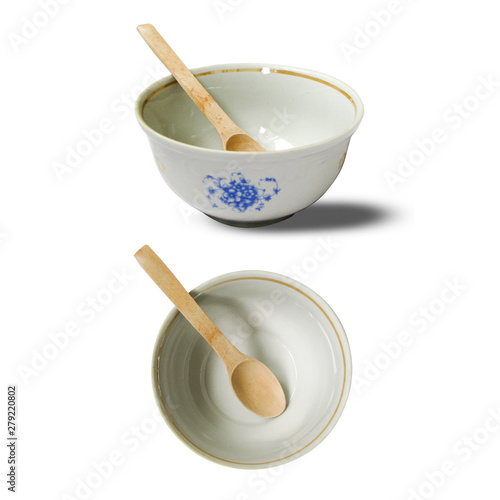 deep clay bowl with wooden spoon, side view and top view, isolated on white backgrounddeep clay bowl with wooden spoon, side view and top view, isolated on white background