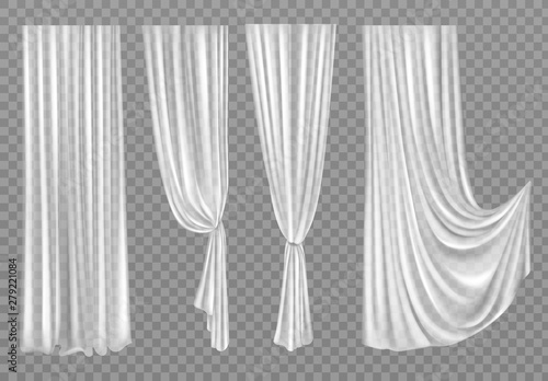 White curtains set isolated on transparent background. Folded cloth for window decoration, soft lightweight clear material, fabric hangings drapery of different forms. Realistic 3d vector illustration photo