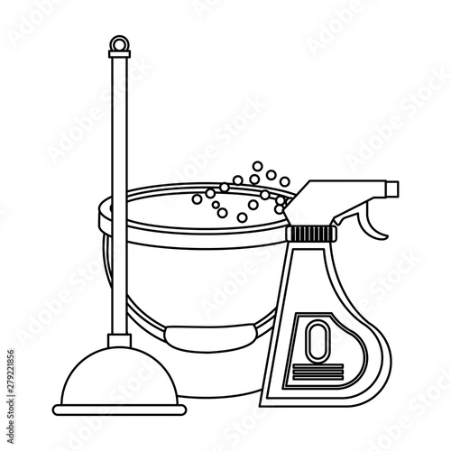 Set of cleaning equipment and products in black and white