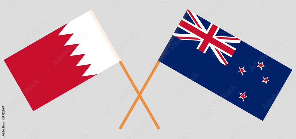 Bahrain and New Zealand. Crossed Bahraini and New Zealand's flags Bahrain and New Zealand. Crossed Bahraini and New Zealand's flags