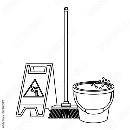 Set of cleaning equipment and products in black and white