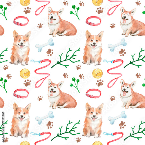 Corgi dog and wild plants. Seamless pattern. photo