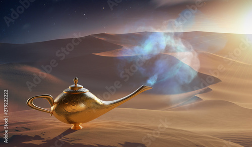 Magical Aladdin oil lamp with genie in desert. 3D rendered illus
