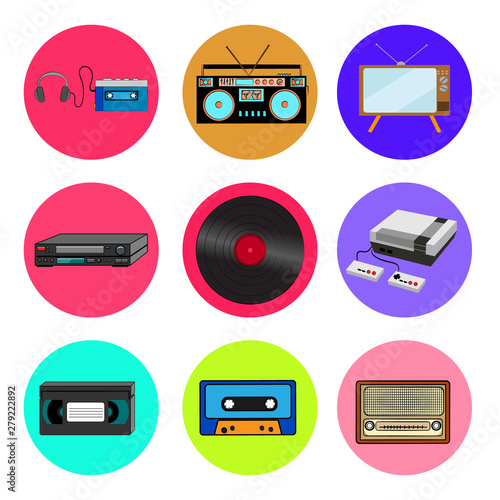 Set of trendy retro old cool hipster vintage round icons from 70s, 80s, 90s cassette music player, audio recorder, TV, VCR, vinyl, game console, videotape, audio cassette, radio