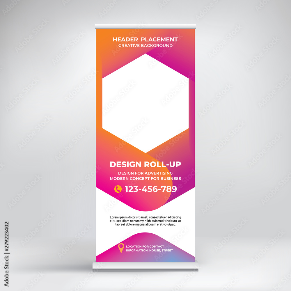 Fototapeta premium Banner design, roll-up stand for advertising, layout for conferences, seminars, poster template for placing photos and text. Creative background for presentation