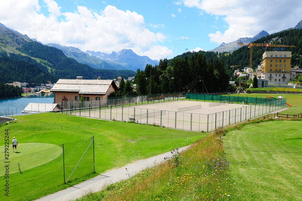 Swiss alps: The Kulm Hotel tennis court and 9 hole golf course in St. Moritz  in the upper Engadin Stock Photo | Adobe Stock