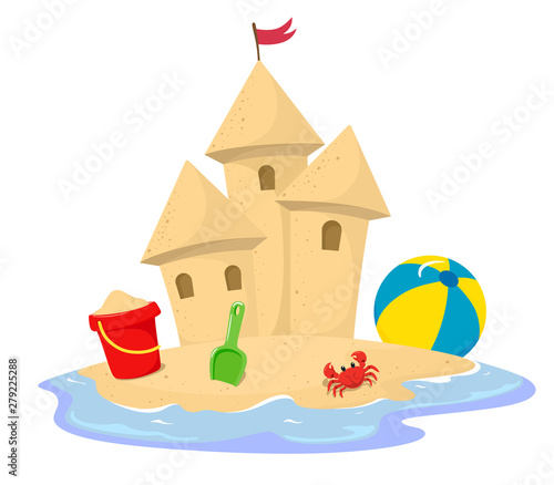Sand castle surrounded by water with a bucket, crab, spatula and ball. Vector illustration in cartoon style on a white background.