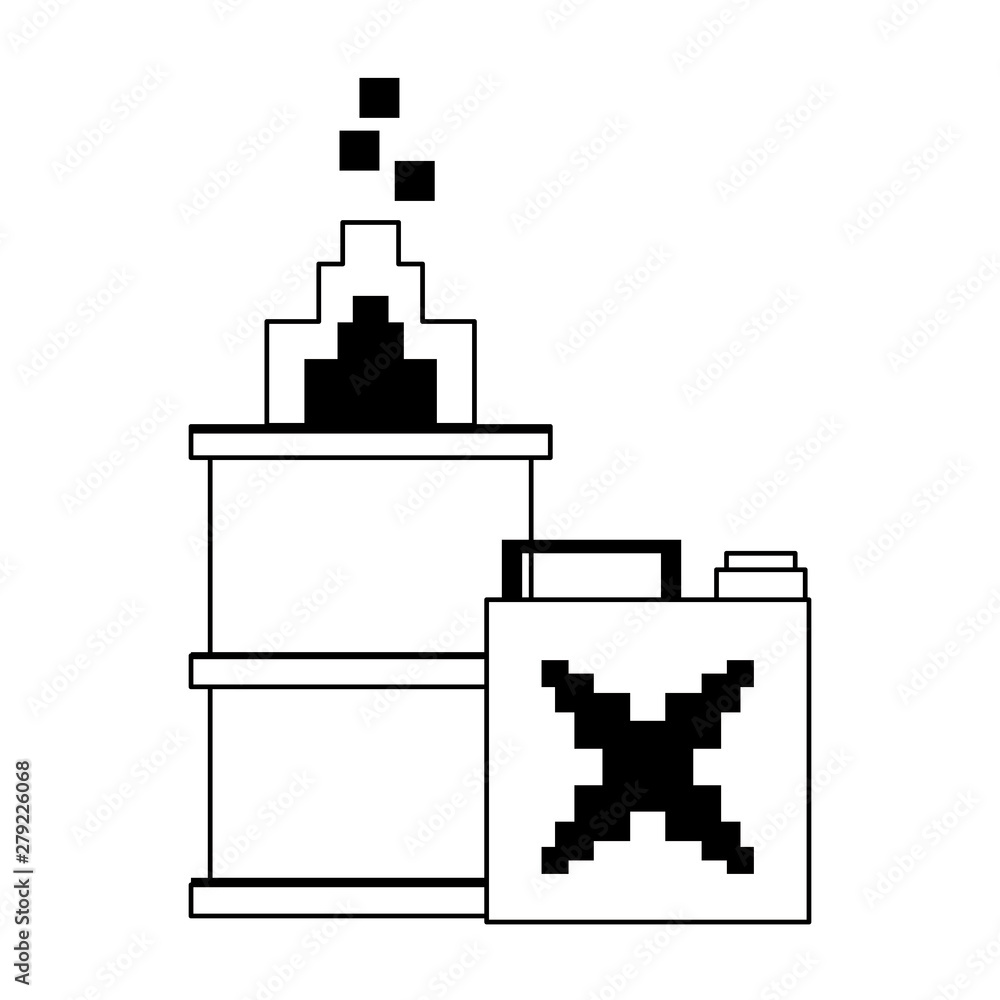 Obraz premium Videogame pixelated barrel in fire with fuel can in black and white