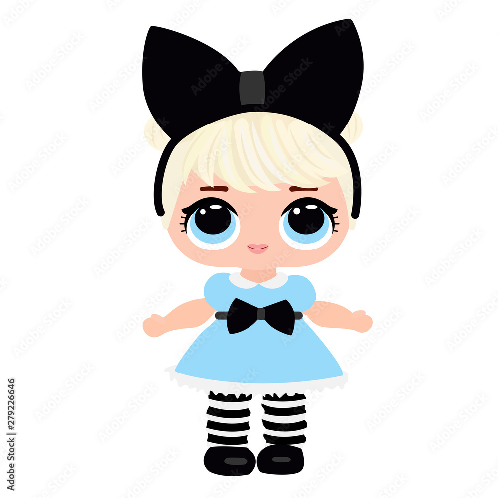 Cute doll for baby. Blonde in blue dress and bow. Vector
