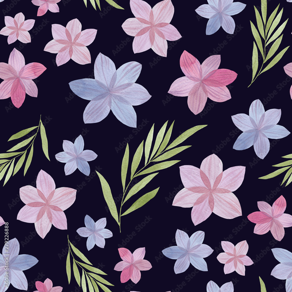 Seamless watercolor flowers pattern. Flowers and leaves. Hand painted purple color. Floral pattern for design. Seamless floral pattern Painted flowers for packaging, wallpaper, fabrics.