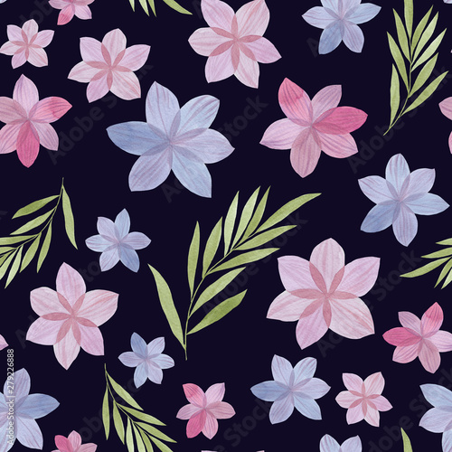 Seamless watercolor flowers pattern. Flowers and leaves. Hand painted purple color. Floral pattern for design. Seamless floral pattern Painted flowers for packaging  wallpaper  fabrics.
