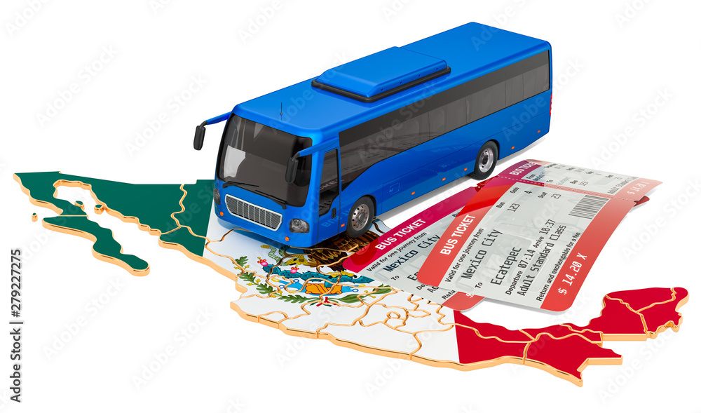 Bus travel in Mexico, concept. 3D rendering Bus travel in Mexico, concept. 3D rendering